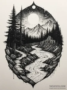 Tattoo sketch, river of starlight, flowing th... - эскиз тату (№1752441148_0, 13.07.2025 21:12) — Tatufoto.com