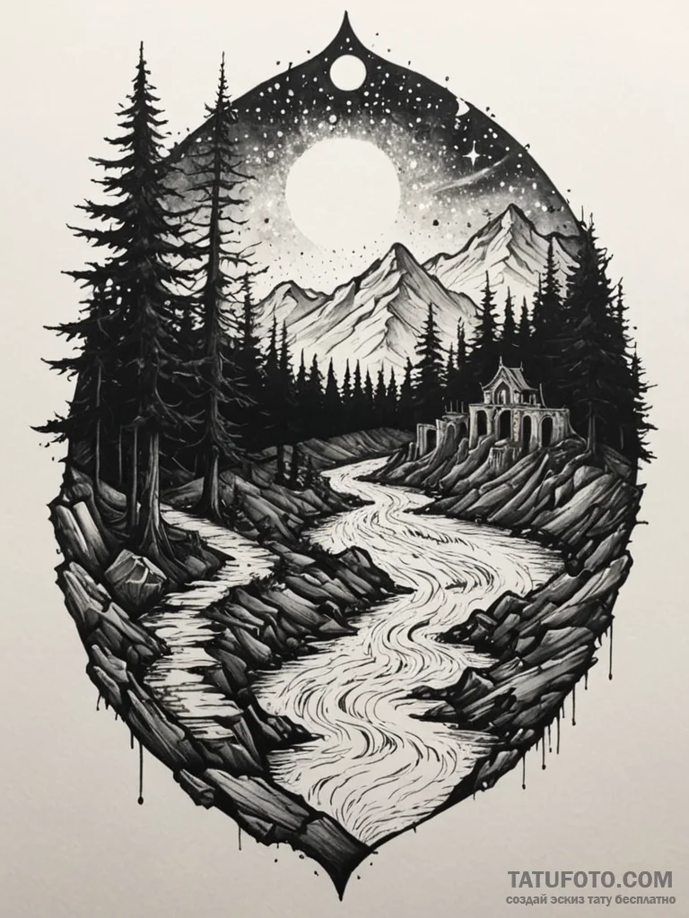Tattoo sketch, river of starlight, flowing th… — эскиз тату (№1752441148_0, 13.07.2025 21:12) — Tatufoto.com