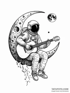 Tattoo sketch, astronaut playing an acoustic... - эскиз тату (№1752441996_0, 13.07.2025 21:26) — Tatufoto.com