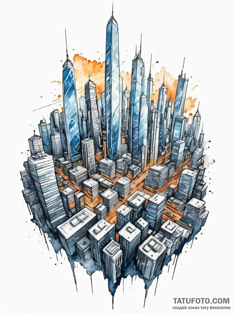 Tattoo sketch, zenith view, digital cityscape... - эскиз тату (№1752442079_0, 13.07.2025 21:27) — Tatufoto.com