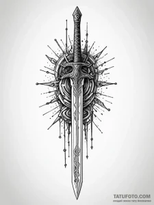Tattoo sketch, warrior's blade, code-etched,... - эскиз тату (№1752442504_0, 13.07.2025 21:35) — Tatufoto.com