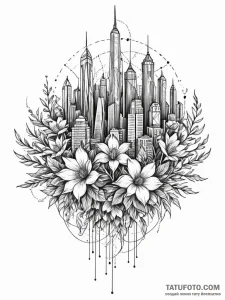 Tattoo sketch, sprawling smart city bloom, an... - эскиз тату (№1752442589_0, 13.07.2025 21:36) — Tatufoto.com