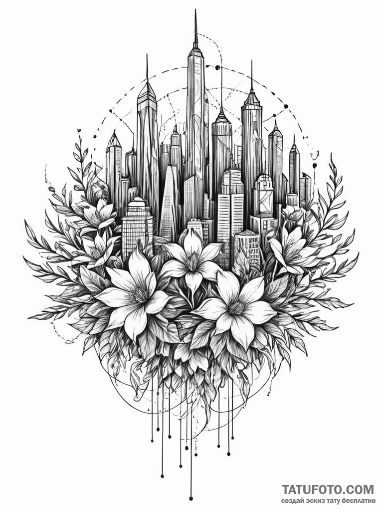 Tattoo sketch, sprawling smart city bloom, an... - эскиз тату (№1752442589_0, 13.07.2025 21:36) — Tatufoto.com