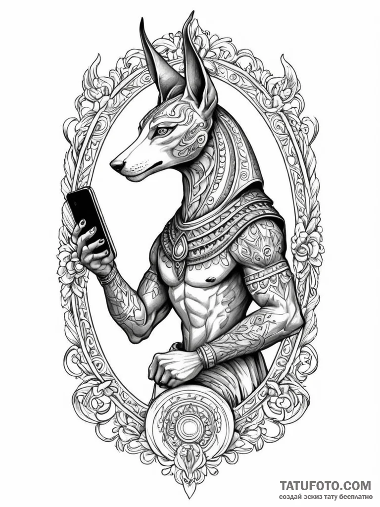 Tattoo sketch, an anubis checking notificatio… — эскиз тату (№1752442757_0, 13.07.2025 21:39) — Tatufoto.com