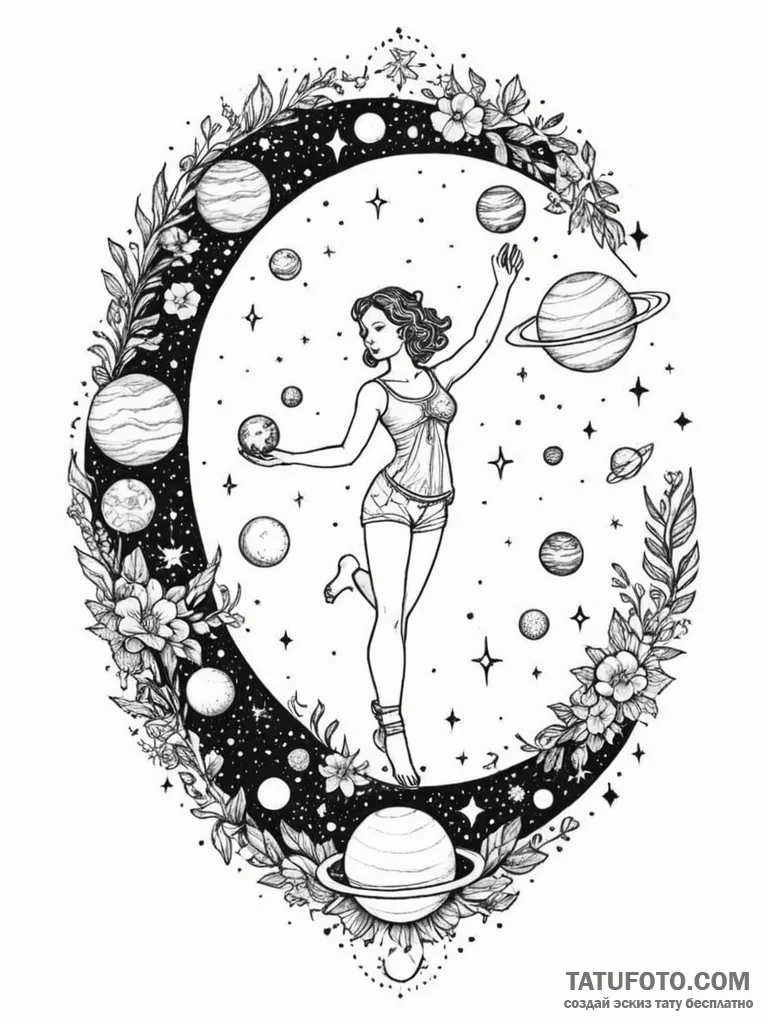 Tattoo sketch, cosmic gardener: a figure tend... - эскиз тату (№1752443092_0, 13.07.2025 21:44) — Tatufoto.com