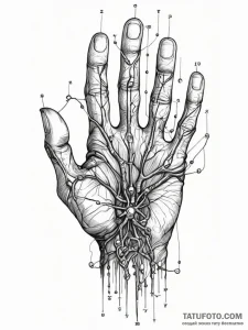 Tattoo sketch, blueprint of a human hand, wit... - эскиз тату (№1752443344_0, 13.07.2025 21:49) — Tatufoto.com