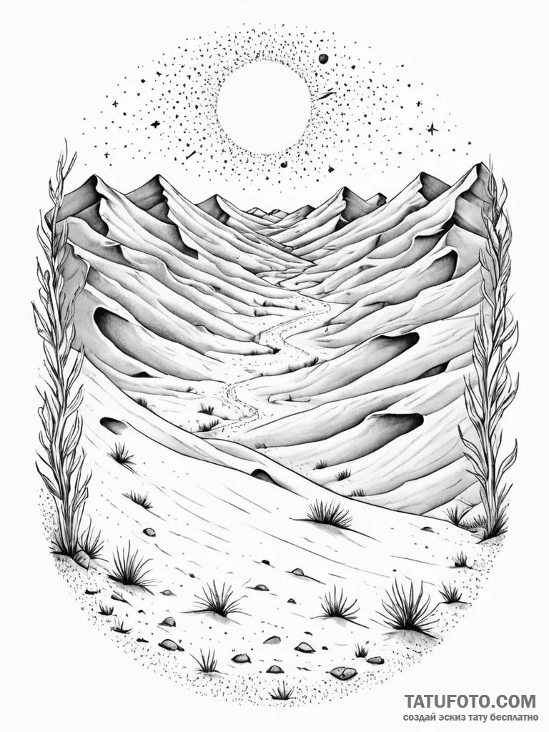 Tattoo sketch, shifting sands of sentience, a... - эскиз тату (№1752443427_0, 13.07.2025 21:50) — Tatufoto.com