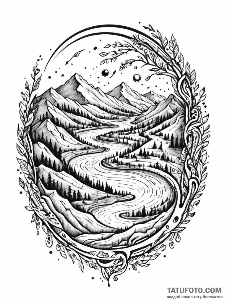 Tattoo sketch, landscape of linguistic flow,... - эскиз тату (№1752444017_0, 13.07.2025 22:00) — Tatufoto.com