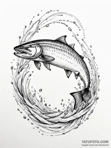 Tattoo sketch, jumping salmon, data stream ri... - эскиз тату (№1752444522_0, 13.07.2025 22:08) — Tatufoto.com
