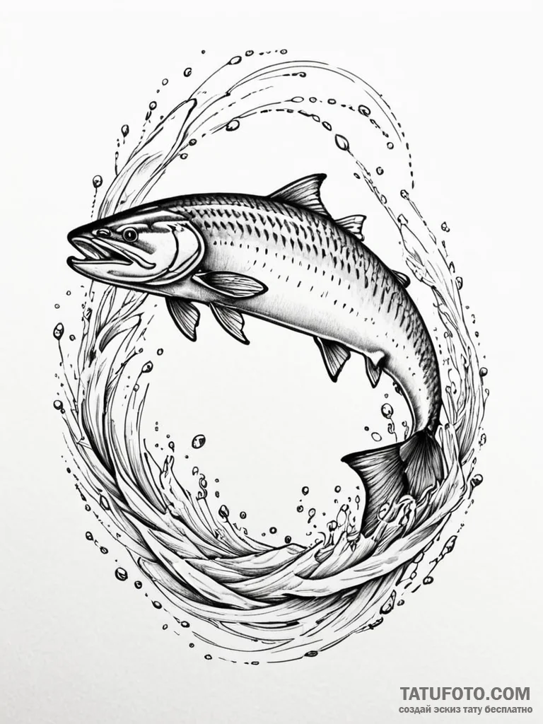 Tattoo sketch, jumping salmon, data stream ri... - эскиз тату (№1752444522_0, 13.07.2025 22:08) — Tatufoto.com