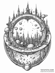 Tattoo sketch, orbital ring cityscape, a slee... - эскиз тату (№1752444944_0, 13.07.2025 22:15) — Tatufoto.com