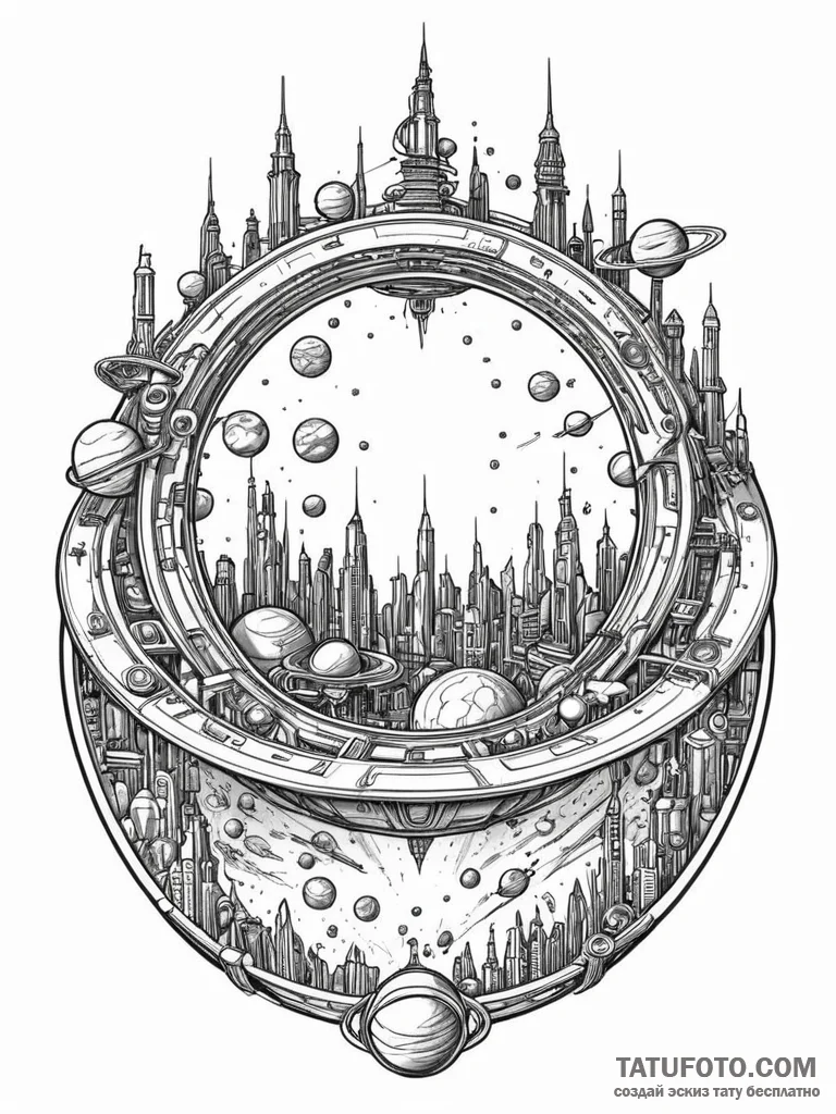 Tattoo sketch, orbital ring cityscape, a slee... - эскиз тату (№1752444944_0, 13.07.2025 22:15) — Tatufoto.com