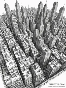 Tattoo sketch, recursive cityscape, a bustlin... - эскиз тату (№1752446286_0, 13.07.2025 22:38) — Tatufoto.com