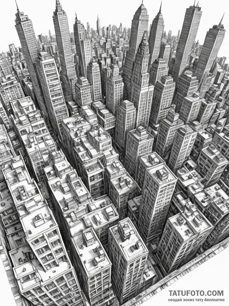 Tattoo sketch, recursive cityscape, a bustlin... - эскиз тату (№1752446286_0, 13.07.2025 22:38) — Tatufoto.com