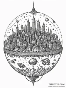 Tattoo sketch, microcosmic metropolis, a tiny... - эскиз тату (№1752446786_0, 13.07.2025 22:46) — Tatufoto.com