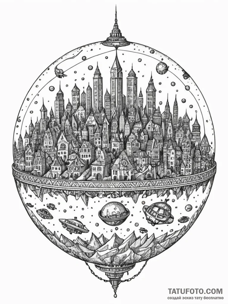 Tattoo sketch, microcosmic metropolis, a tiny... - эскиз тату (№1752446786_0, 13.07.2025 22:46) — Tatufoto.com