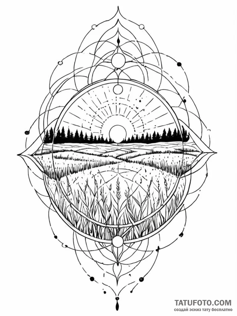 Tattoo sketch, wind-swept grass, data ripples... - эскиз тату (№1752447793_0, 13.07.2025 23:03) — Tatufoto.com