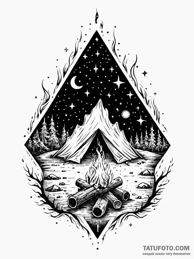 Tattoo sketch, nocturnal nomad’s campfire (di… — эскиз тату (№1752448380_0, 13.07.2025 23:13) — Tatufoto.com