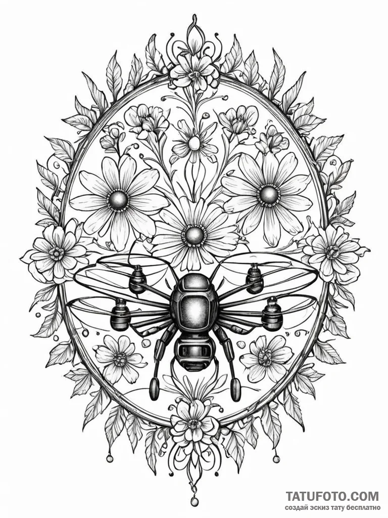 Tattoo sketch, organic drone swarm bloom, a d... - эскиз тату (№1752448631_0, 13.07.2025 23:17) — Tatufoto.com