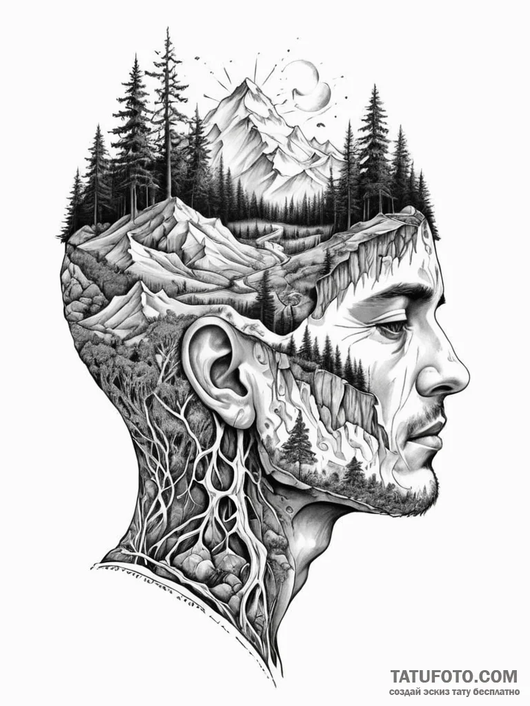 Tattoo sketch, inner world landscape, a cross... - эскиз тату (№1752449051_0, 13.07.2025 23:24) — Tatufoto.com
