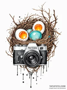 Tattoo sketch, bird's nest made of old camera... - эскиз тату (№1752449135_0, 13.07.2025 23:25) — Tatufoto.com