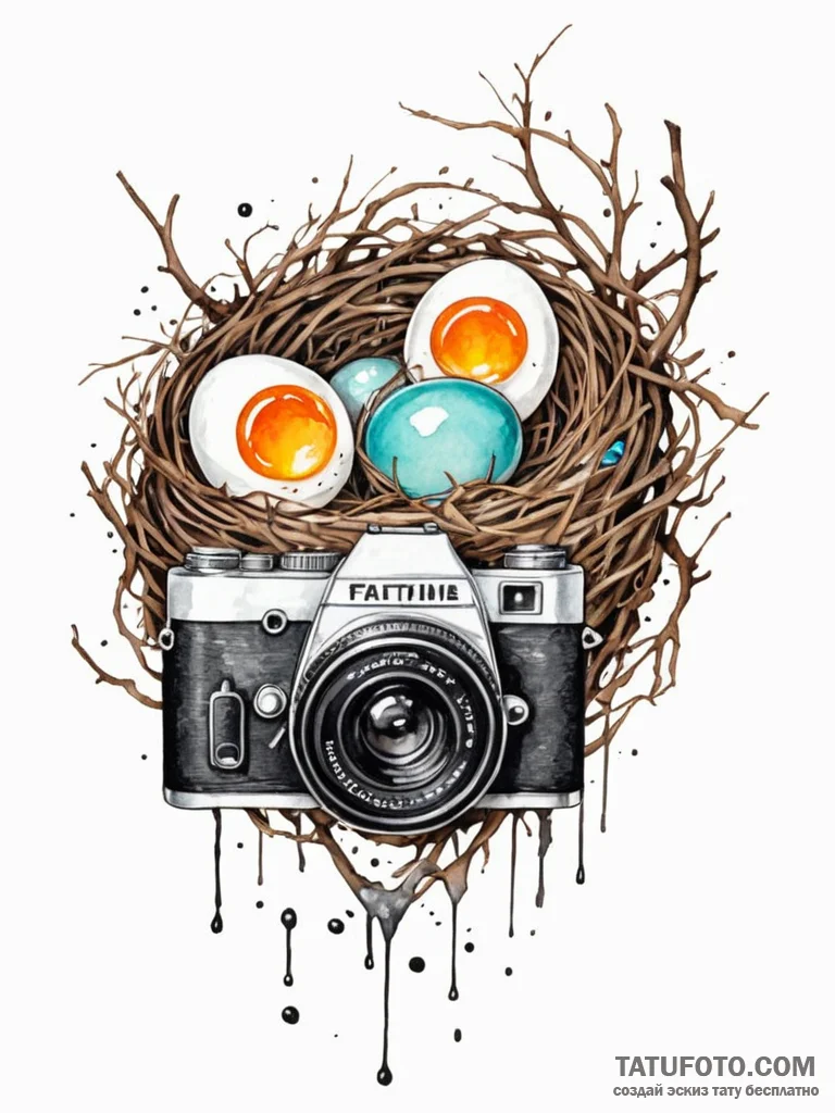 Tattoo sketch, bird’s nest made of old camera… — эскиз тату (№1752449135_0, 13.07.2025 23:25) — Tatufoto.com