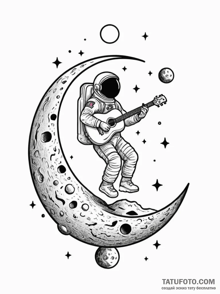 Tattoo sketch, astronaut playing an acoustic... - эскиз тату (№1752449384_0, 13.07.2025 23:29) — Tatufoto.com