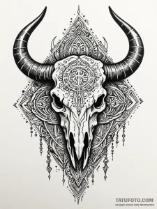 Tattoo sketch, yak skull, tribal tech runes,... - эскиз тату (№1752450388_0, 13.07.2025 23:46) — Tatufoto.com