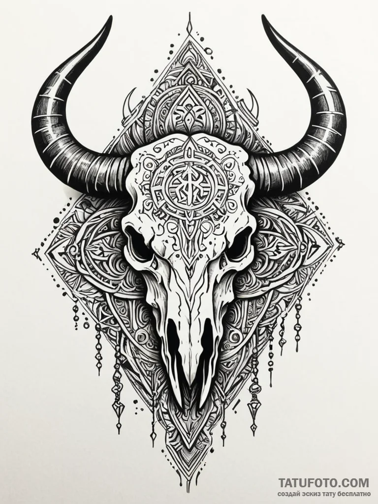 Tattoo sketch, yak skull, tribal tech runes,... - эскиз тату (№1752450388_0, 13.07.2025 23:46) — Tatufoto.com