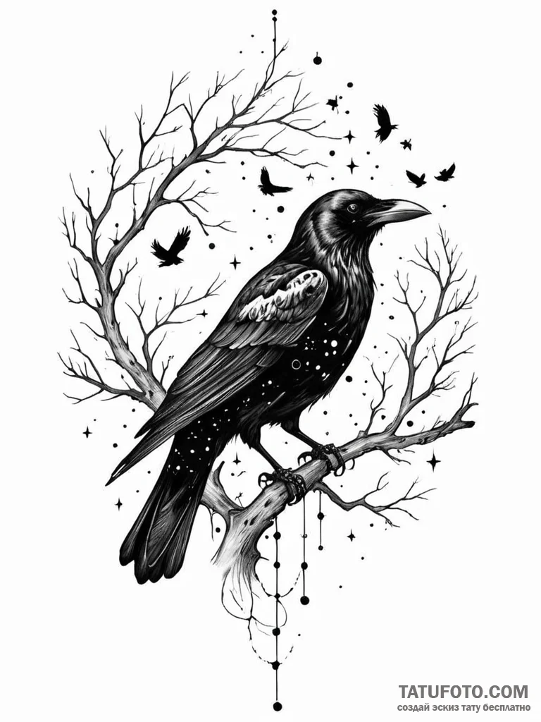 Tattoo sketch, crow of consciousness: a sleek... - эскиз тату (№1752450640_0, 13.07.2025 23:50) — Tatufoto.com