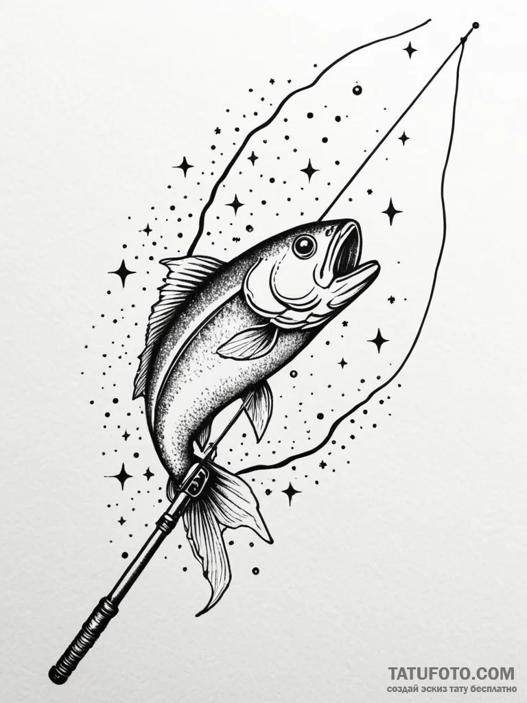 Tattoo sketch, futuristic fishing rod, a slee... - эскиз тату (№1752450723_0, 13.07.2025 23:52) — Tatufoto.com