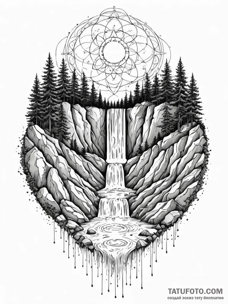 Tattoo sketch, data stream waterfall, a majes... - эскиз тату (№1752450978_0, 13.07.2025 23:56) — Tatufoto.com