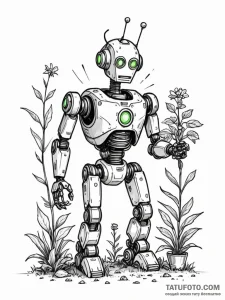Tattoo sketch, robot gardener, cultivating li... - эскиз тату (№1752452905_0, 14.07.2025 00:28) — Tatufoto.com
