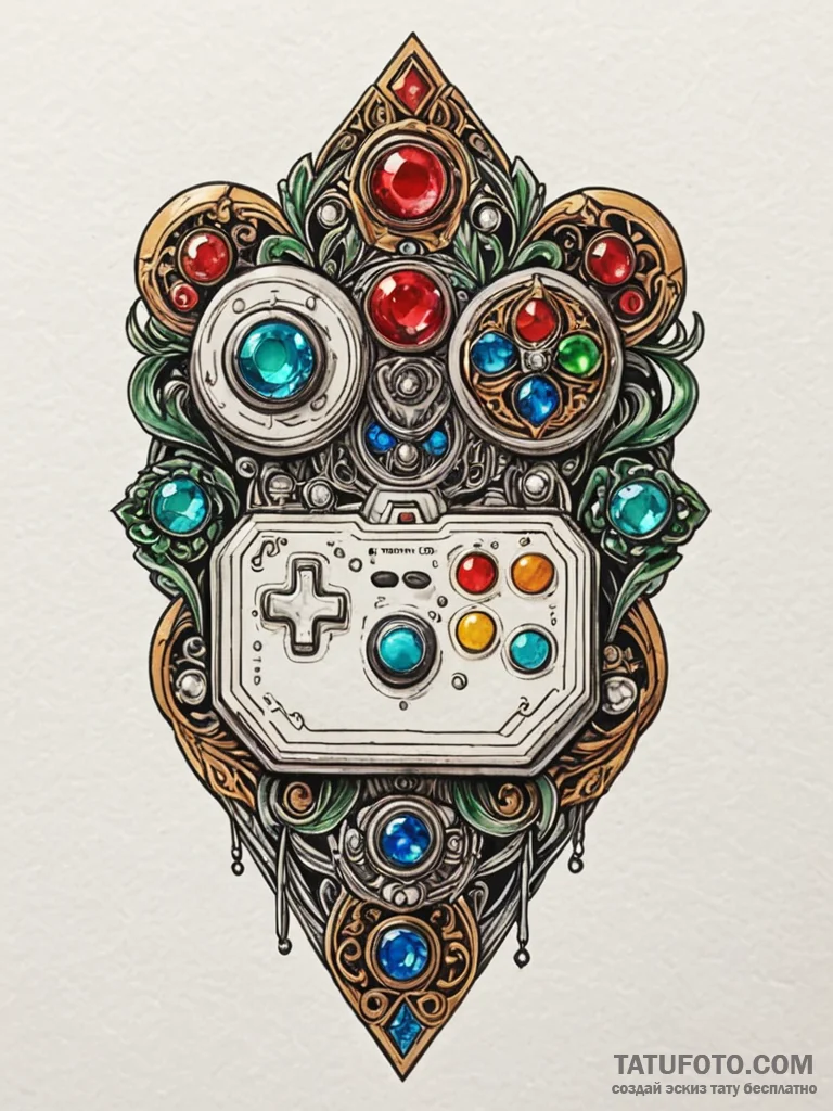 Tattoo sketch, jewel-encrusted joystick, a vi... - эскиз тату (№1752453073_0, 14.07.2025 00:31) — Tatufoto.com