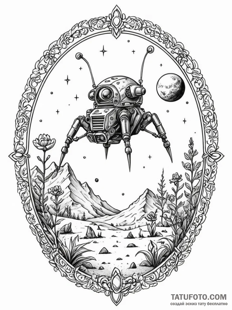 Tattoo sketch, lunar lander, alien bloom, a s... - эскиз тату (№1752453490_0, 14.07.2025 00:38) — Tatufoto.com