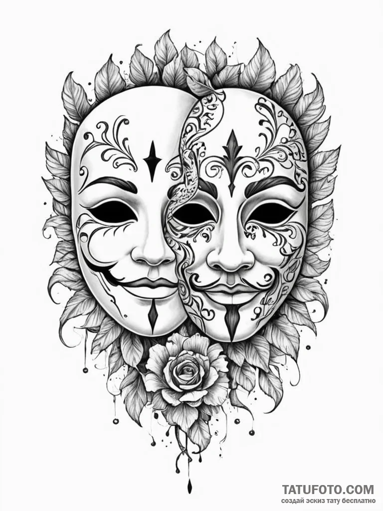 Tattoo sketch, dual personality mask, a singl... - эскиз тату (№1752453573_0, 14.07.2025 00:39) — Tatufoto.com