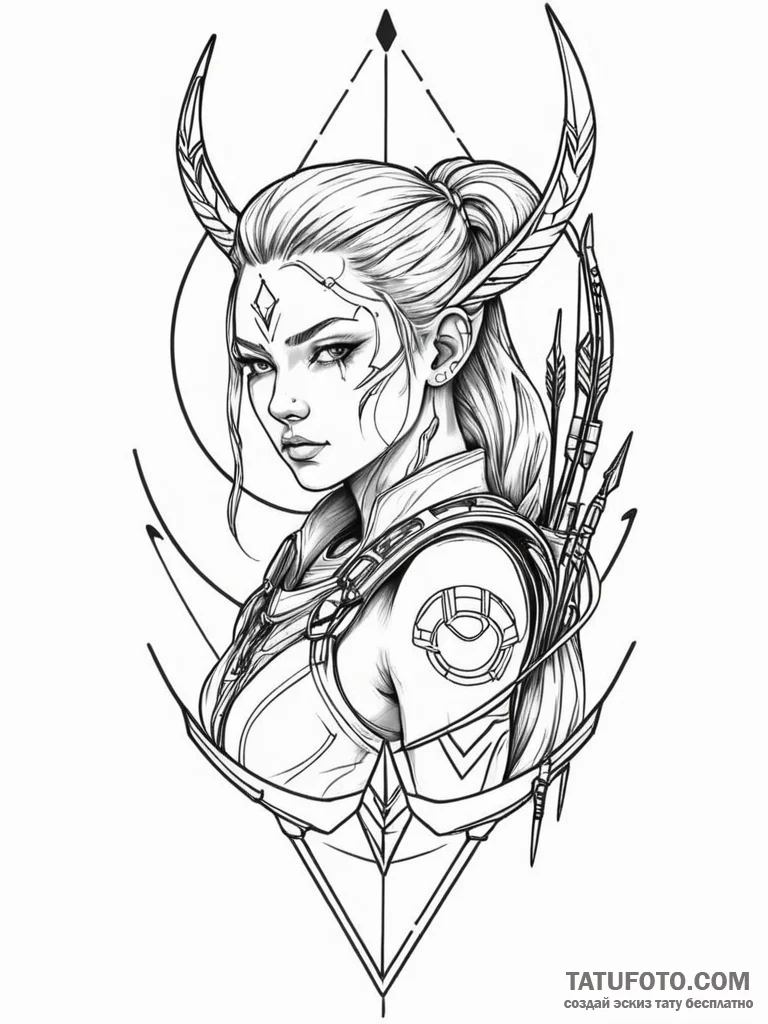 Tattoo sketch, artemis with a cyberpunk bow a... - эскиз тату (№1752453993_0, 14.07.2025 00:46) — Tatufoto.com