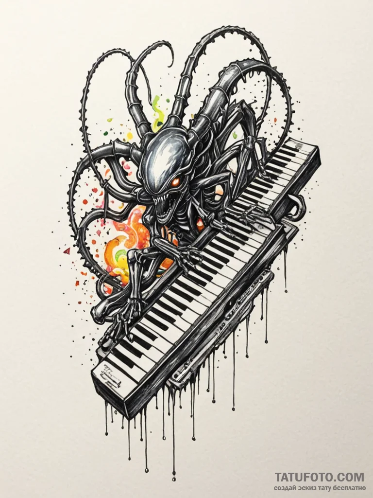 Tattoo sketch, xenomorphic xylophone harmony,... - эскиз тату (№1752454242_0, 14.07.2025 00:50) — Tatufoto.com