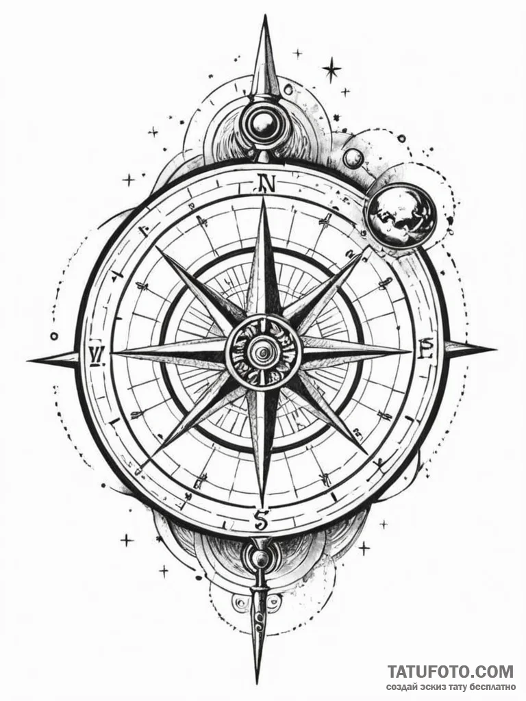 Tattoo sketch, mapmaker's cosmic compass, an... - эскиз тату (№1752455335_0, 14.07.2025 01:08) — Tatufoto.com