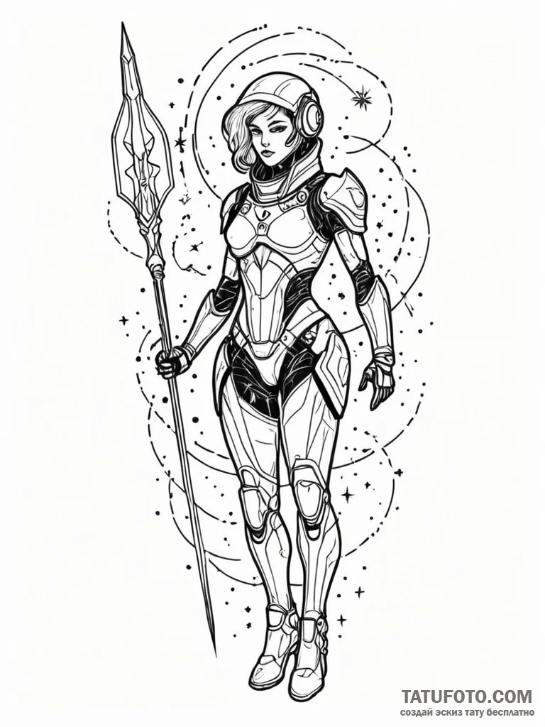 Tattoo sketch, andromeda in futuristic armor,... - эскиз тату (№1752456095_0, 14.07.2025 01:21) — Tatufoto.com