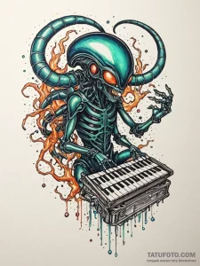 Tattoo sketch, xenomorphic xylophone harmony,... - эскиз тату (№1752456430_0, 14.07.2025 01:27) — Tatufoto.com