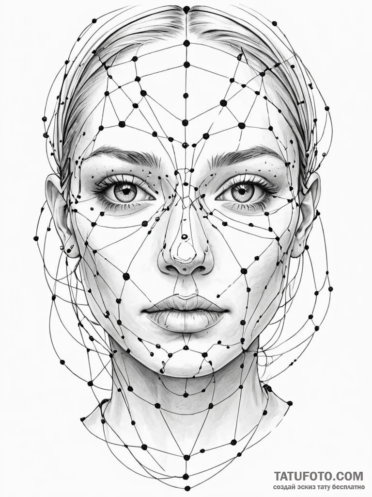 Tattoo sketch, face of the algorithm, a gende… — эскиз тату (№1752456514_0, 14.07.2025 01:28) — Tatufoto.com