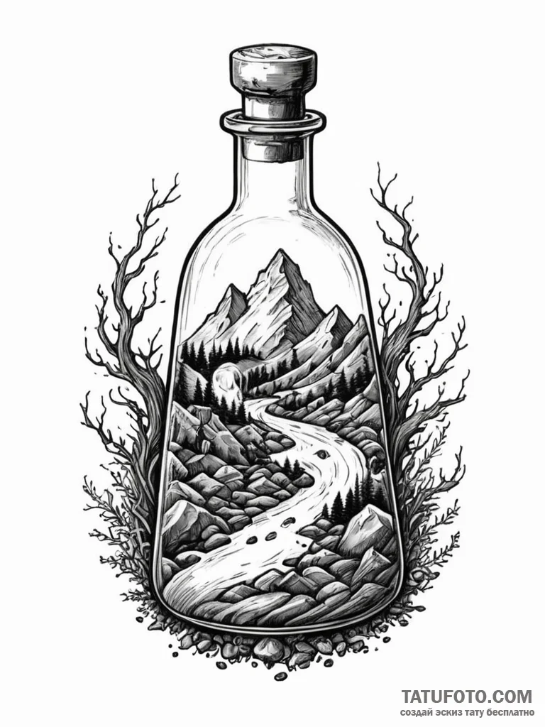 Tattoo sketch, four elements in a flask, a si... - эскиз тату (№1752456679_0, 14.07.2025 01:31) — Tatufoto.com