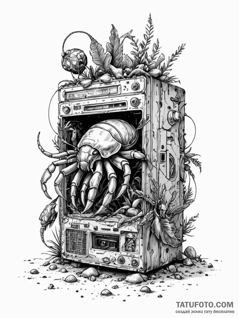 Tattoo sketch, electronic hermit crab, a herm... - эскиз тату (№1752456763_0, 14.07.2025 01:32) — Tatufoto.com