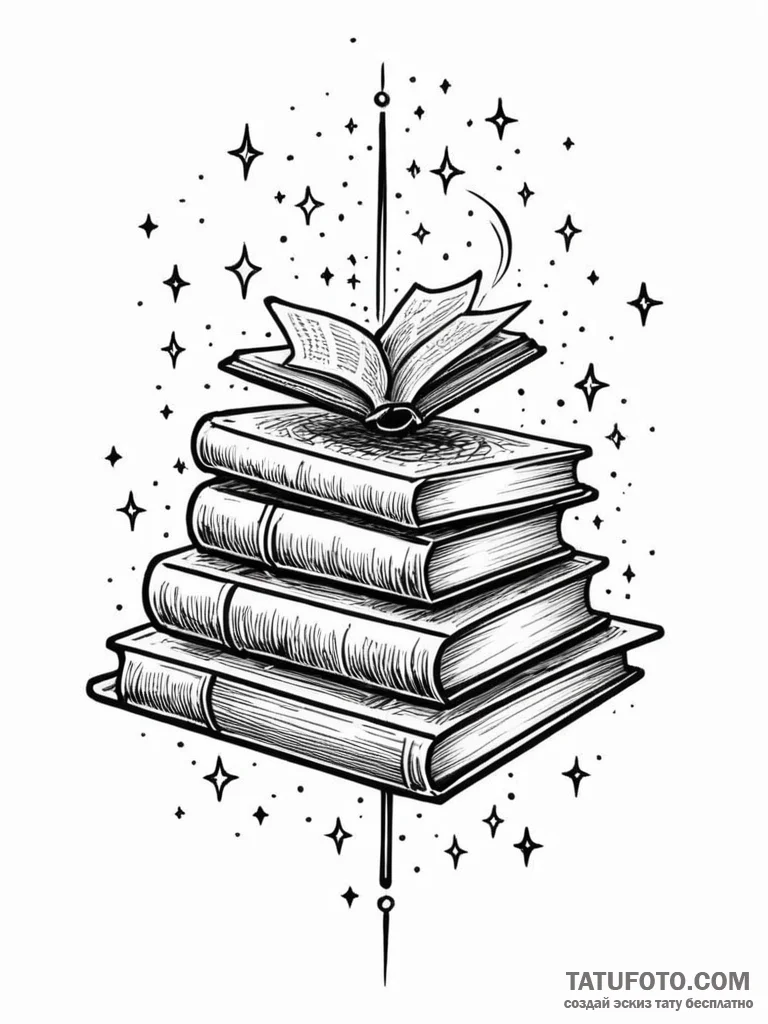 Tattoo sketch, gravity-defying bookshelf, a b... - эскиз тату (№1752457519_0, 14.07.2025 01:45) — Tatufoto.com