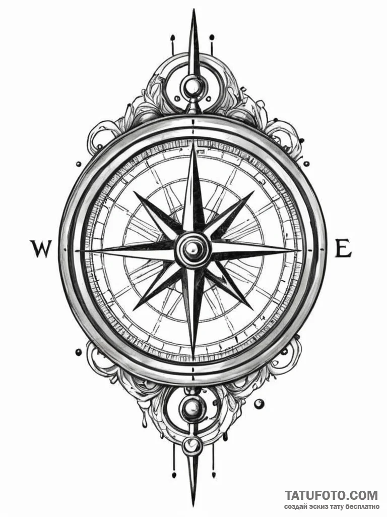 Tattoo sketch, antique compass pointing towar... - эскиз тату (№1752457773_0, 14.07.2025 01:49) — Tatufoto.com