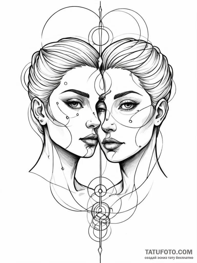Tattoo sketch, unity in duality (abstract fac… — эскиз тату (№1752458106_0, 14.07.2025 01:55) — Tatufoto.com
