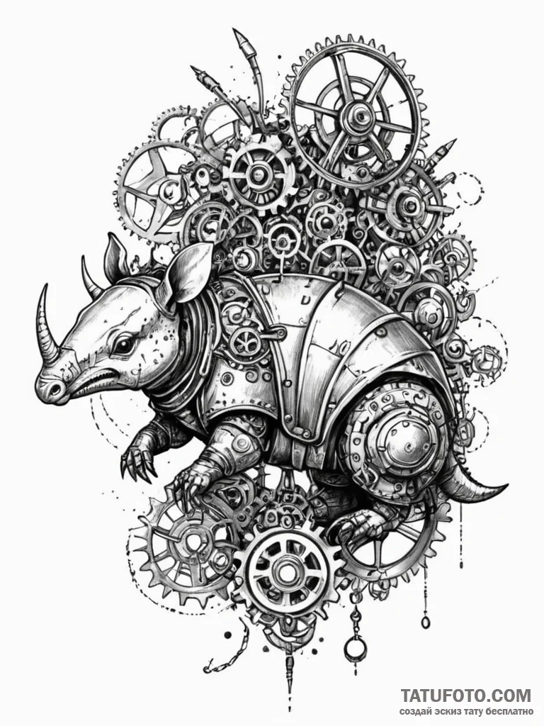 Tattoo sketch, armored armadillo with a steam… — эскиз тату (№1752458273_0, 14.07.2025 01:57) — Tatufoto.com