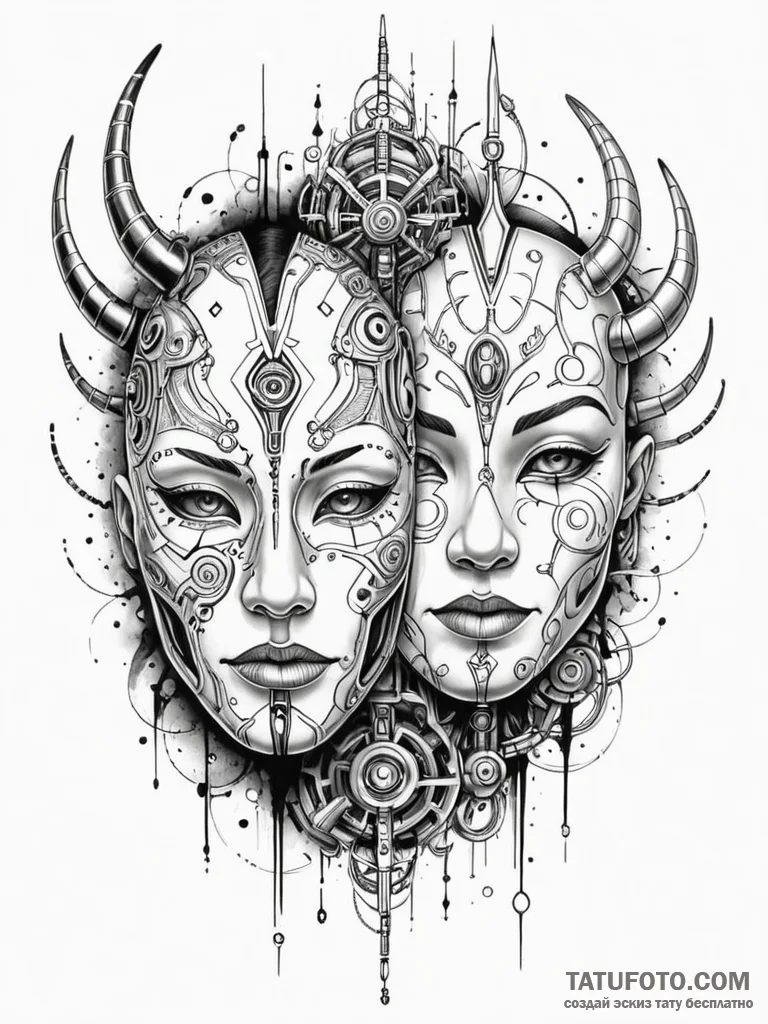 Tattoo sketch, mask of many realities, a sing... - эскиз тату (№1752458524_0, 14.07.2025 02:02) — Tatufoto.com