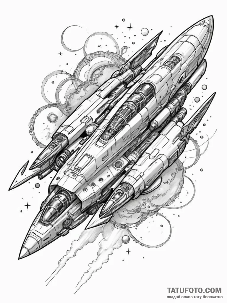 Tattoo sketch, quasar-powered spaceship, a sl... - эскиз тату (№1752459109_0, 14.07.2025 02:11) — Tatufoto.com